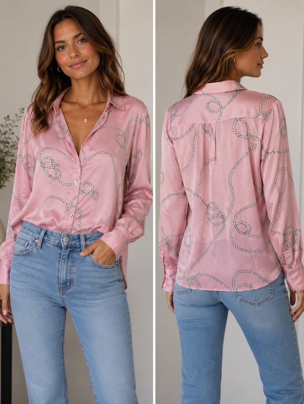 $2/20 Zara Pink Satin Rope-Print Button-Up Blouse